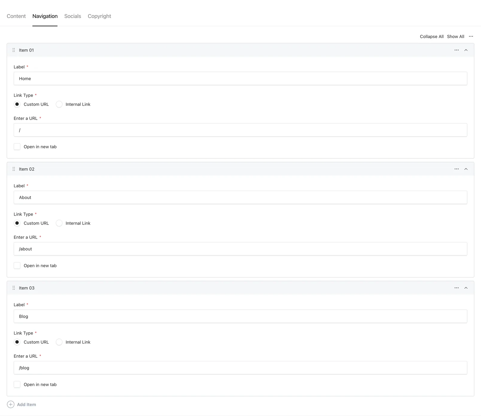 Footer Navigation with its link fields and Content, Navigation, Socials, and Copyright tabs