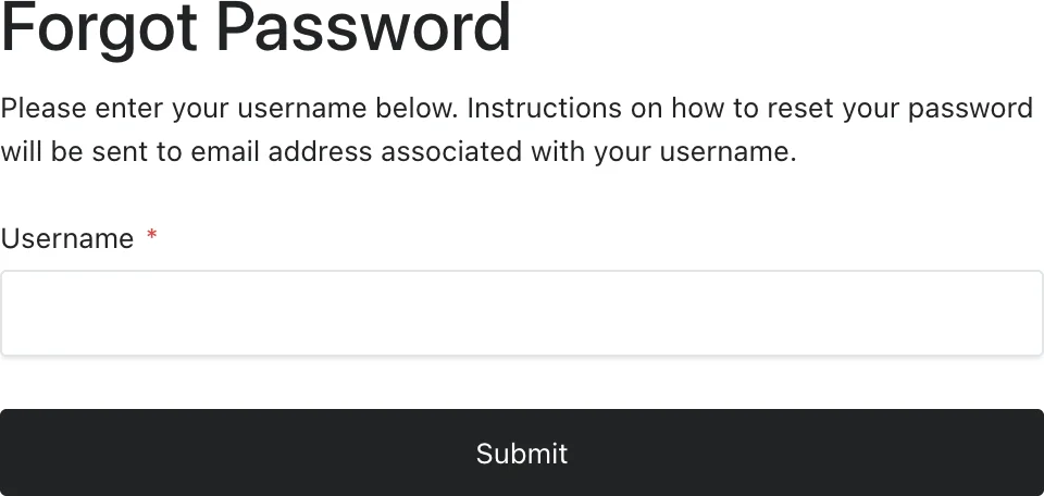 Forgot Password screen requesting a Username and offering Submit