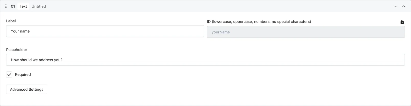 Text field with Your name label, a placeholder and Required checked