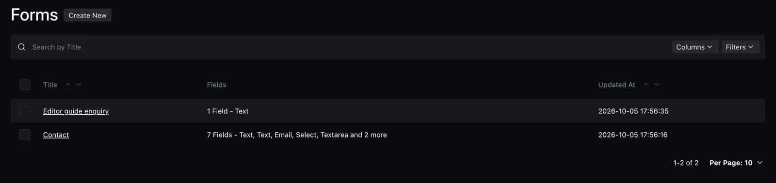 The Forms collection in Admin