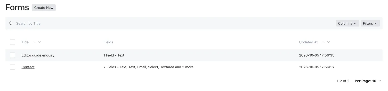 The Forms collection in Admin
