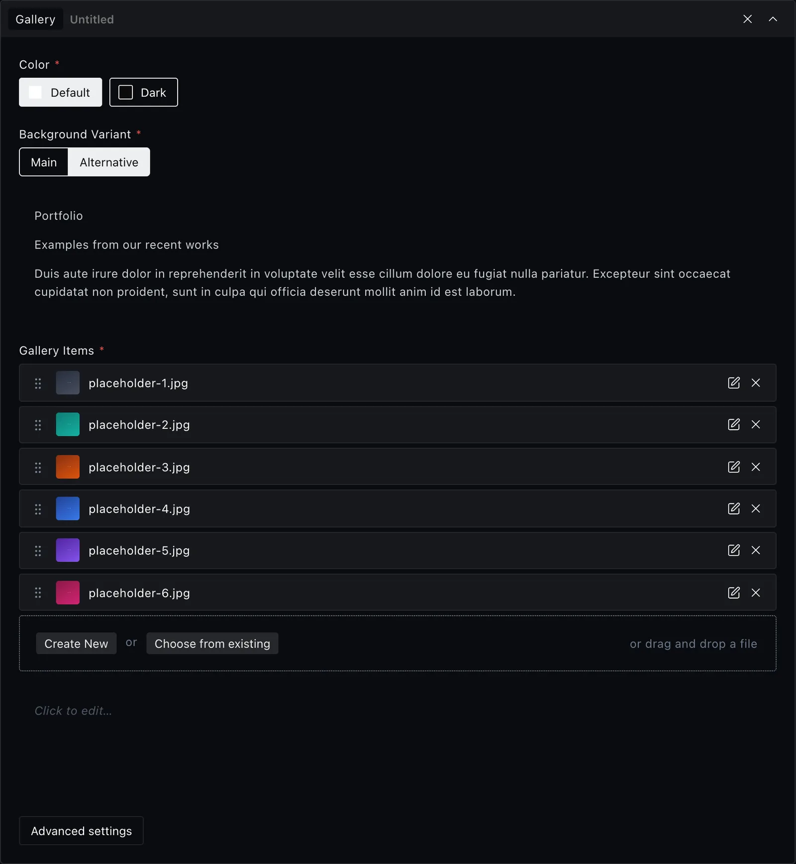 The gallery block fields in the Payload editor