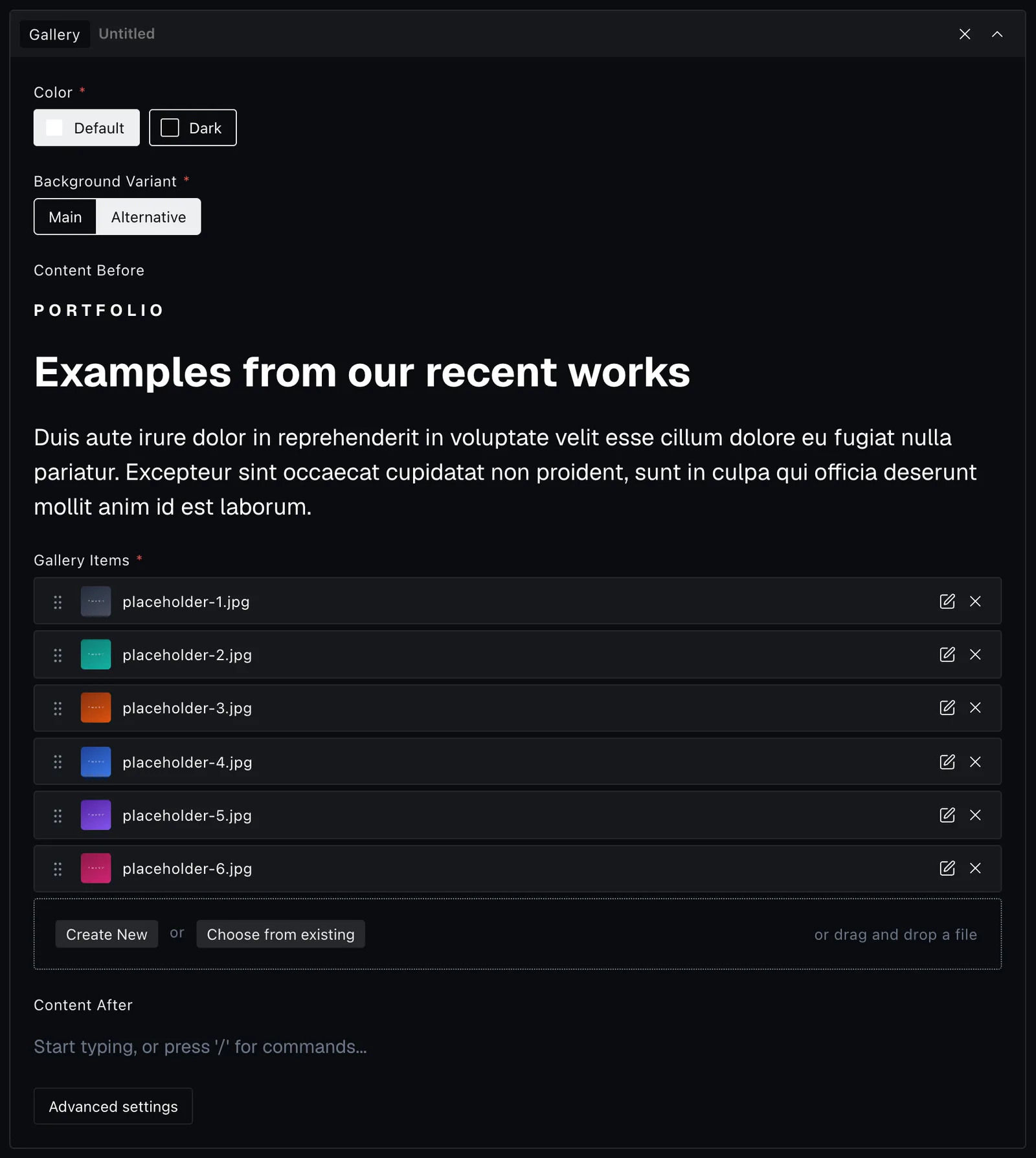 The gallery block fields in the Payload editor