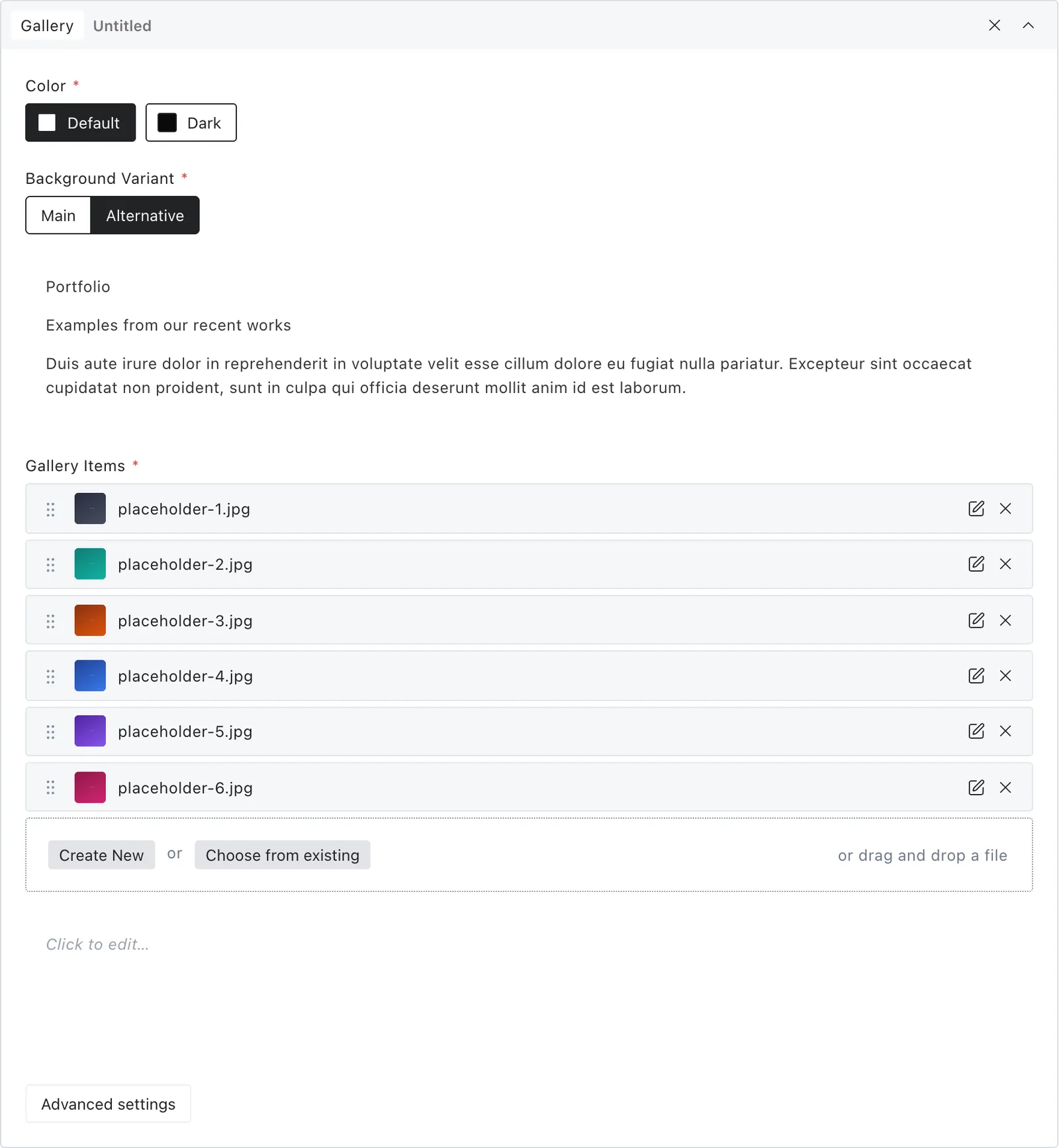 The gallery block fields in the Payload editor