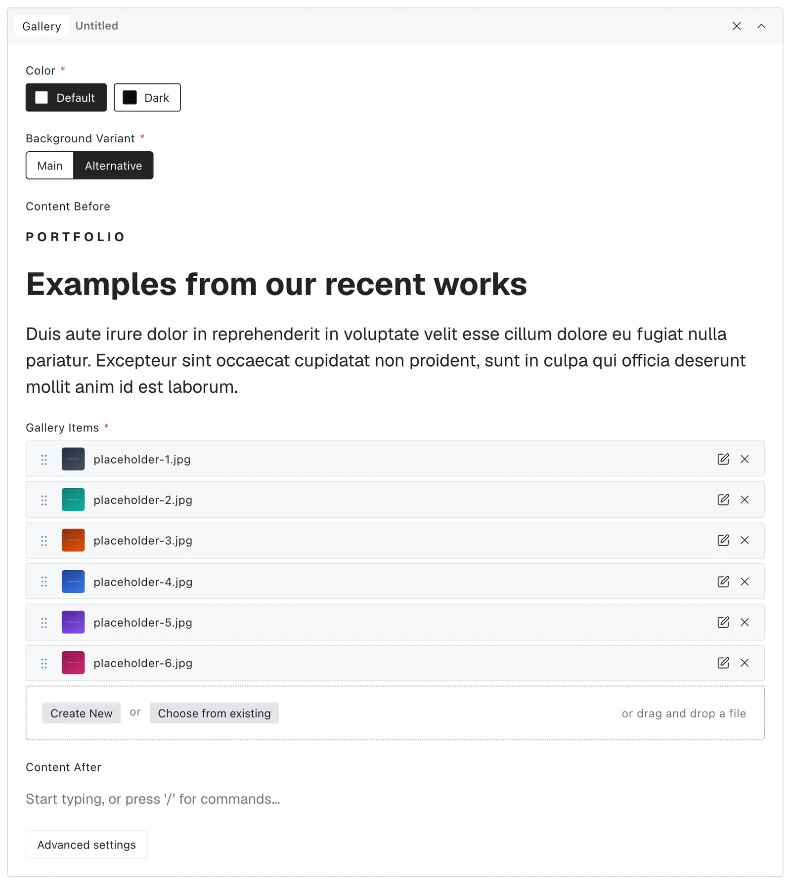 The gallery block fields in the Payload editor