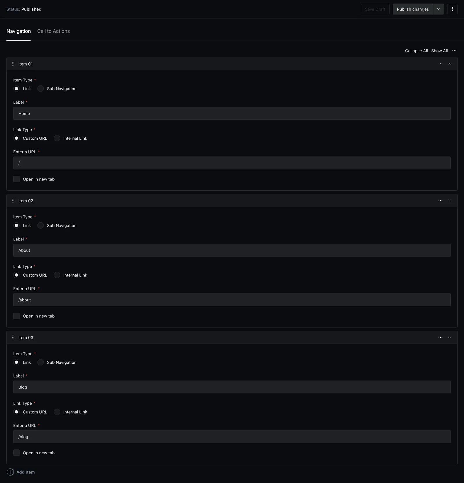 The Header global's navigation editor