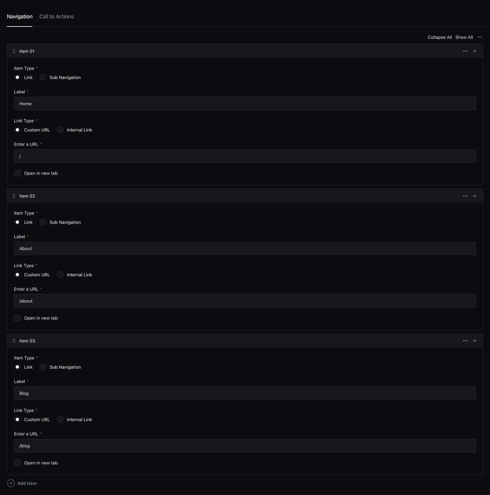 The Header global's navigation editor