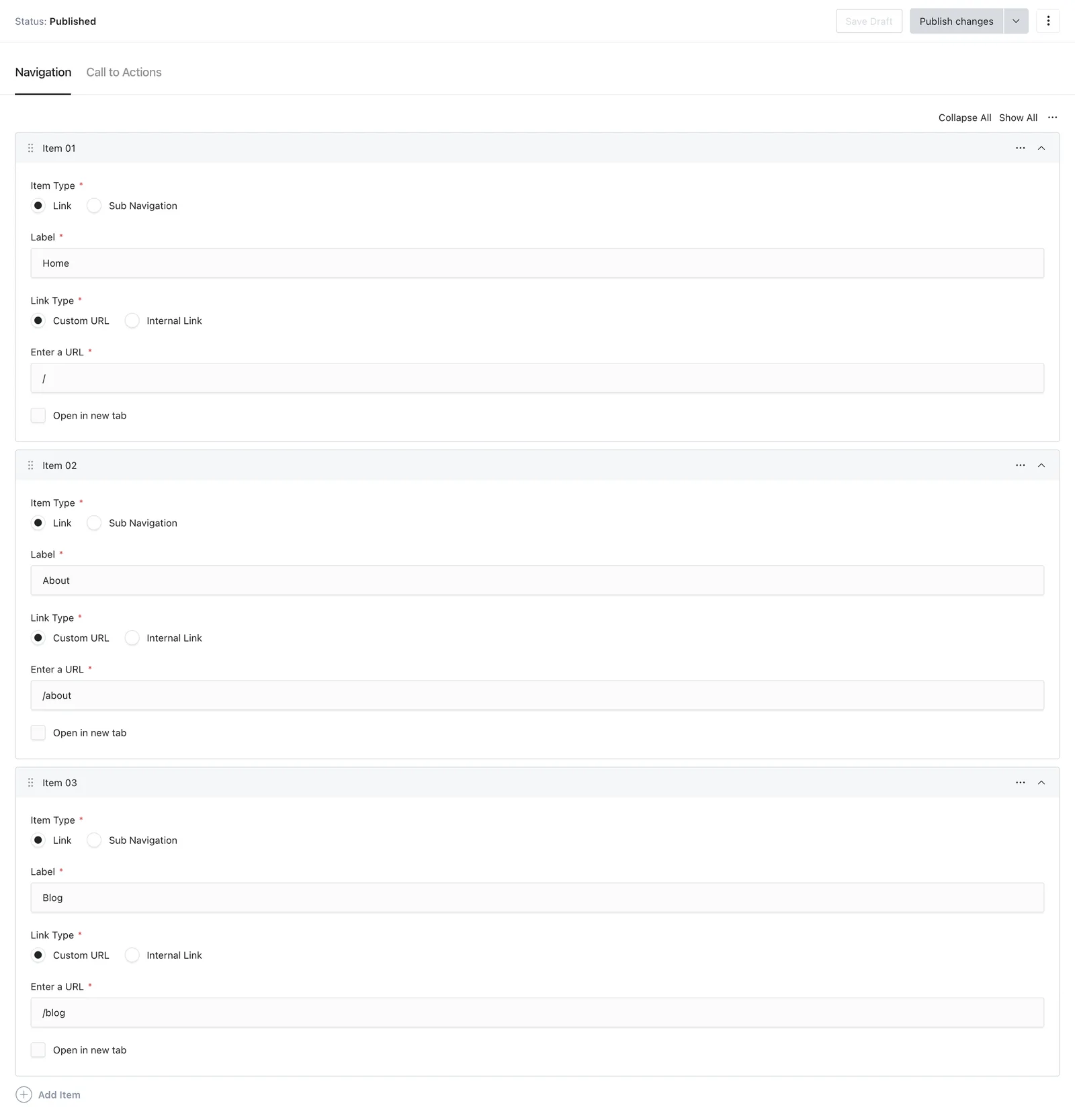 The Header global's navigation editor