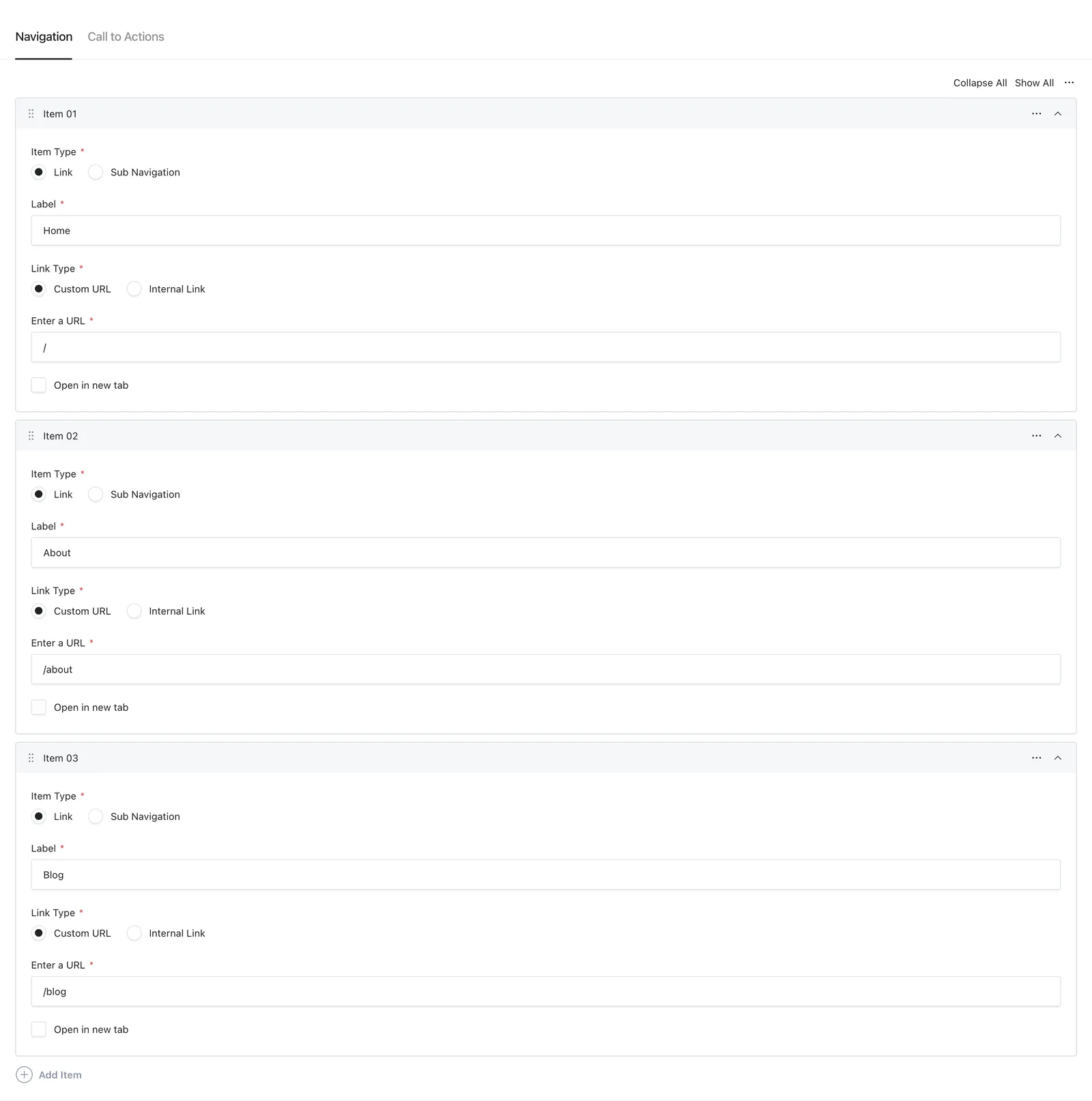 Header Navigation with a link's Item Type, Label, Link Type, destination, and Open in new tab