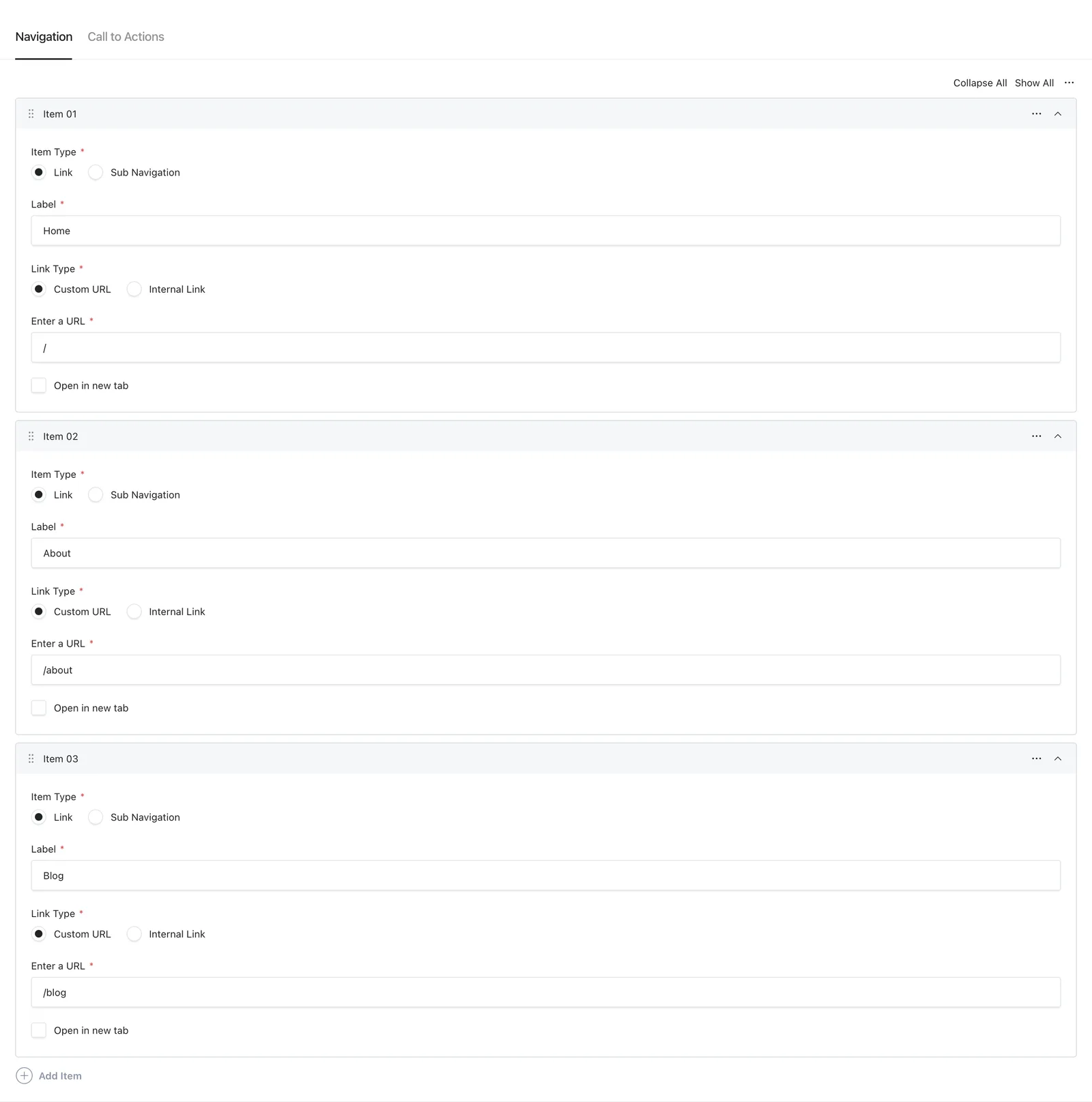 The Header global's navigation editor
