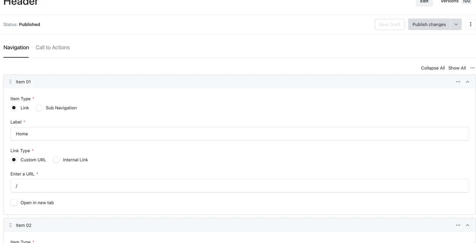 Header Navigation with a link's Item Type, Label, Link Type, destination, and Open in new tab