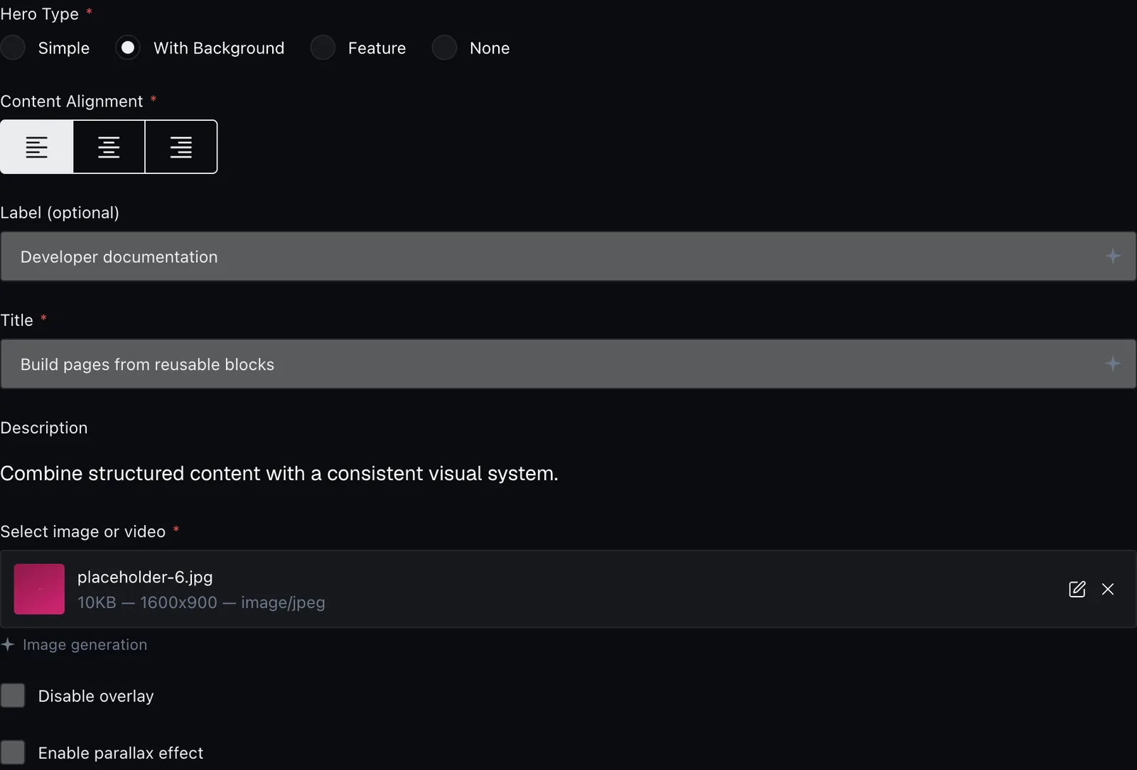 The Background hero copy and image fields on a scratch page