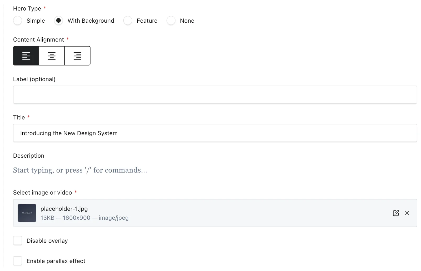 The Background hero copy and image fields on a scratch page