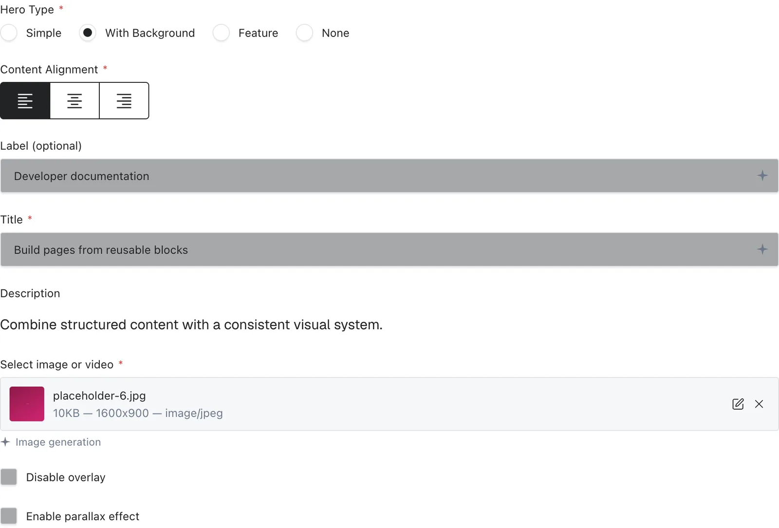 The Background hero copy and image fields on a scratch page