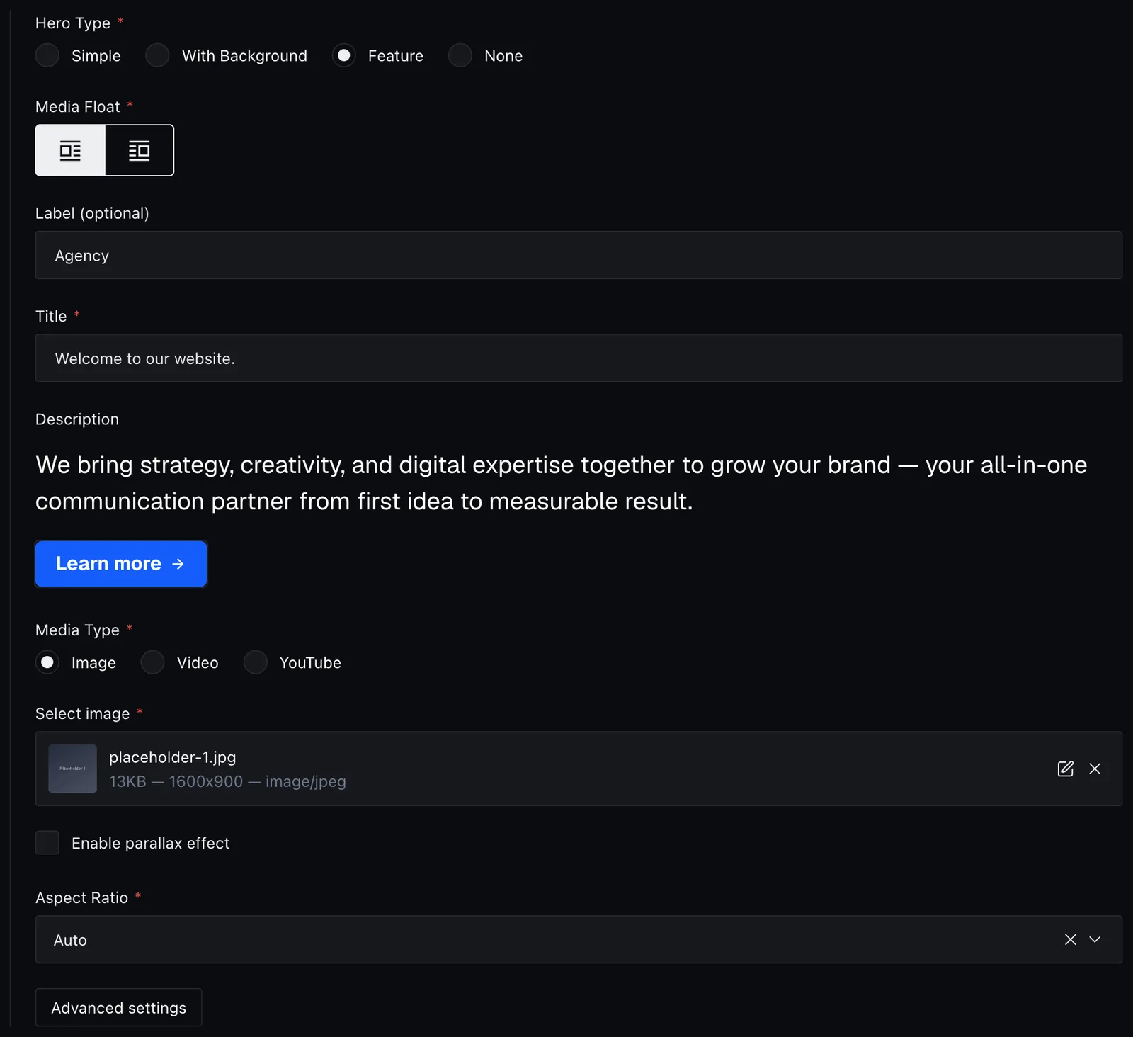 The Feature hero fields in the page editor