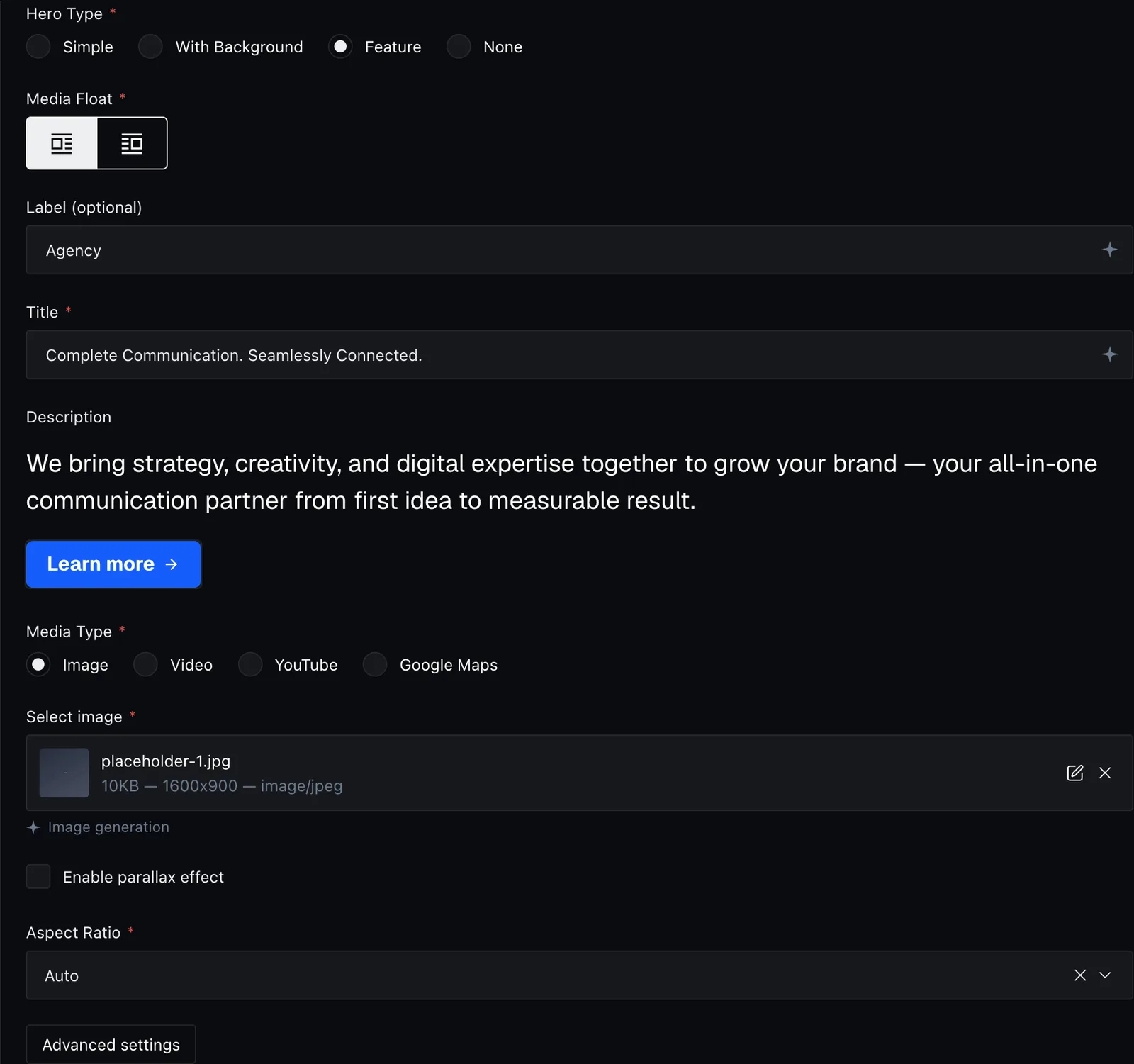 The Feature hero fields in the page editor