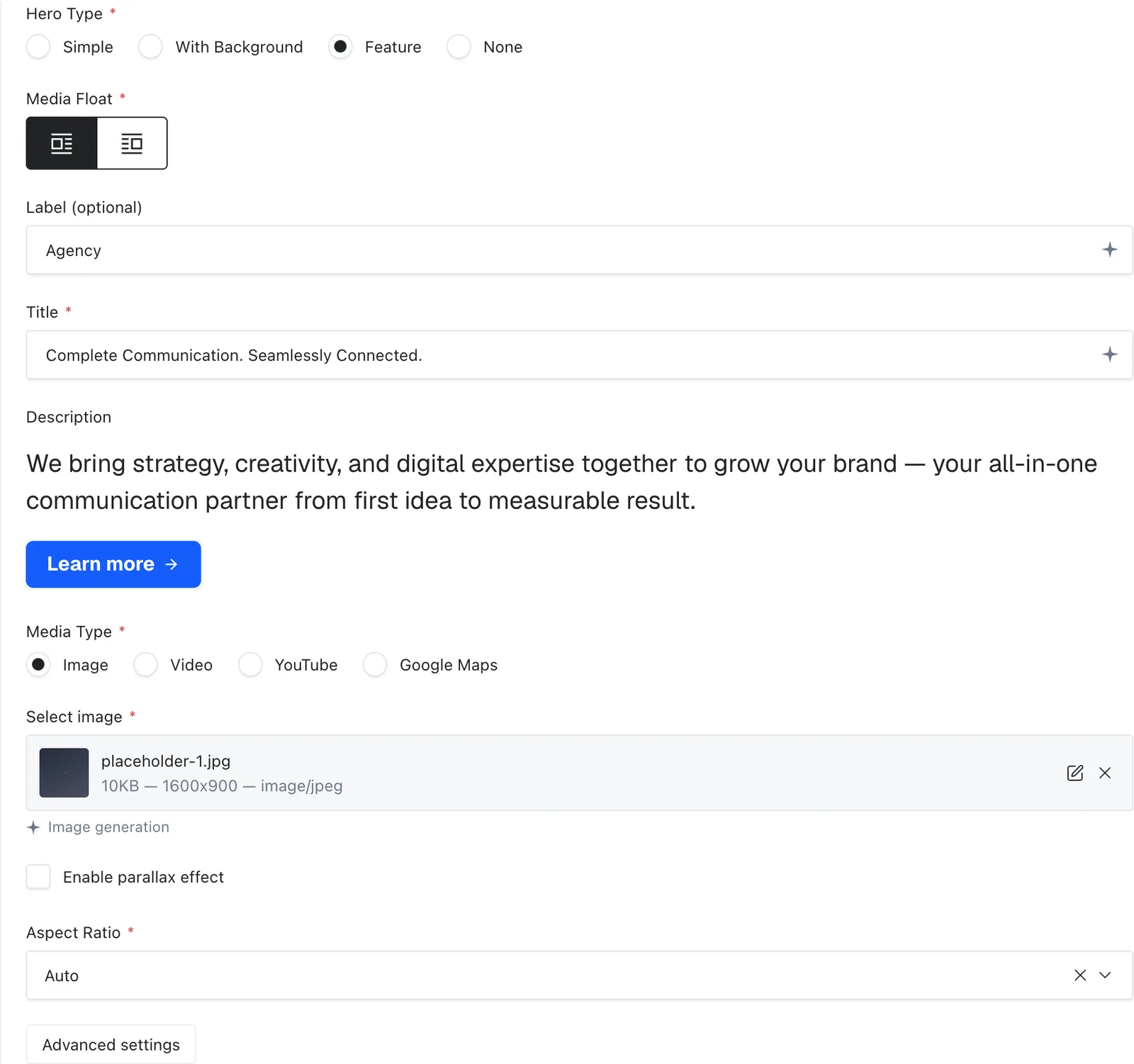 The Feature hero fields in the page editor