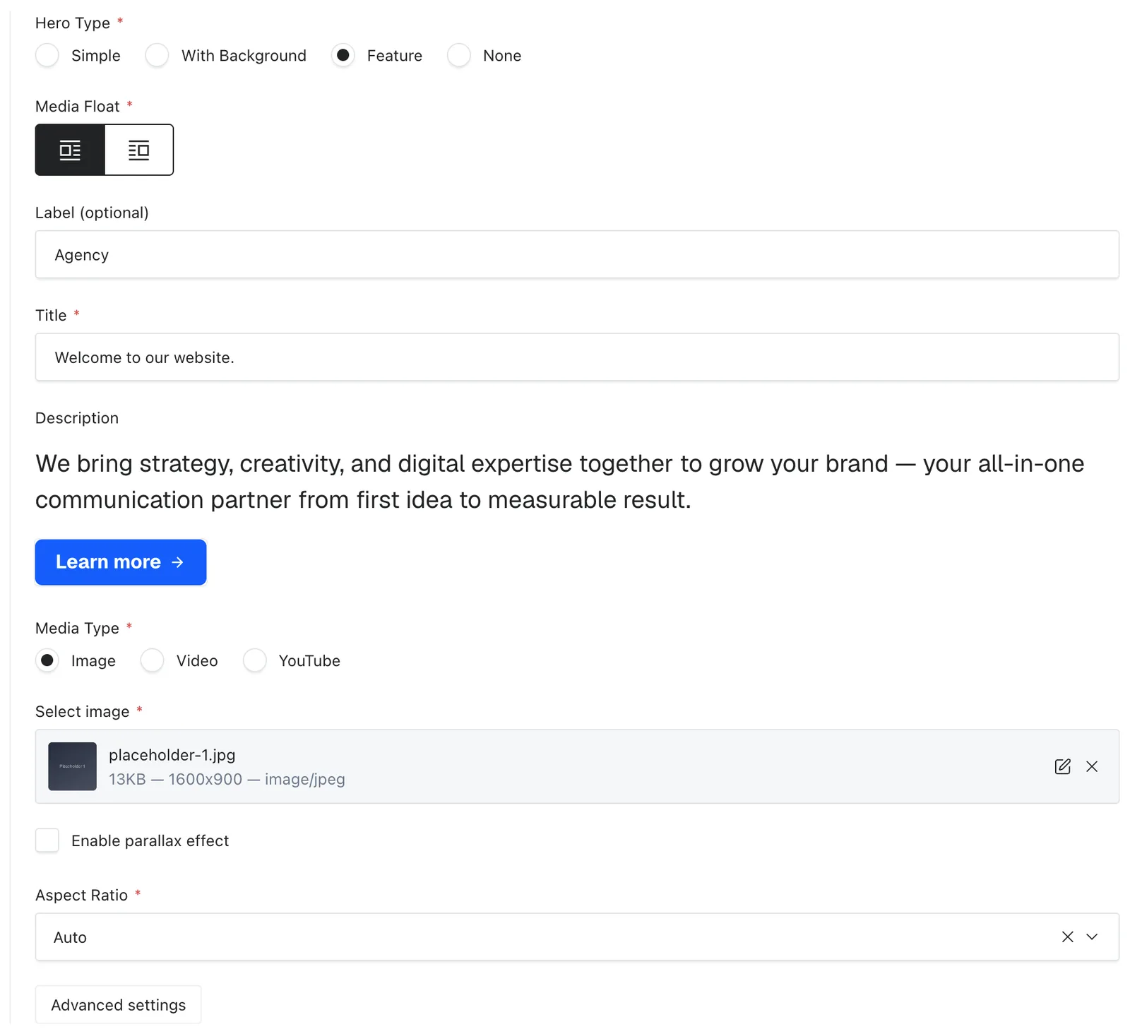 The Feature hero fields in the page editor