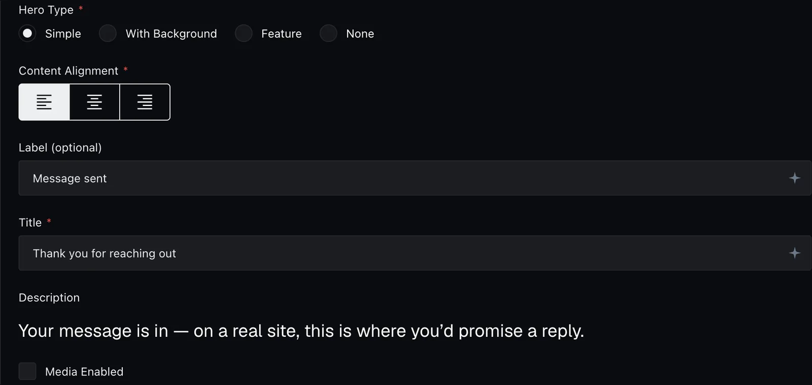 The Simple hero fields in the page editor