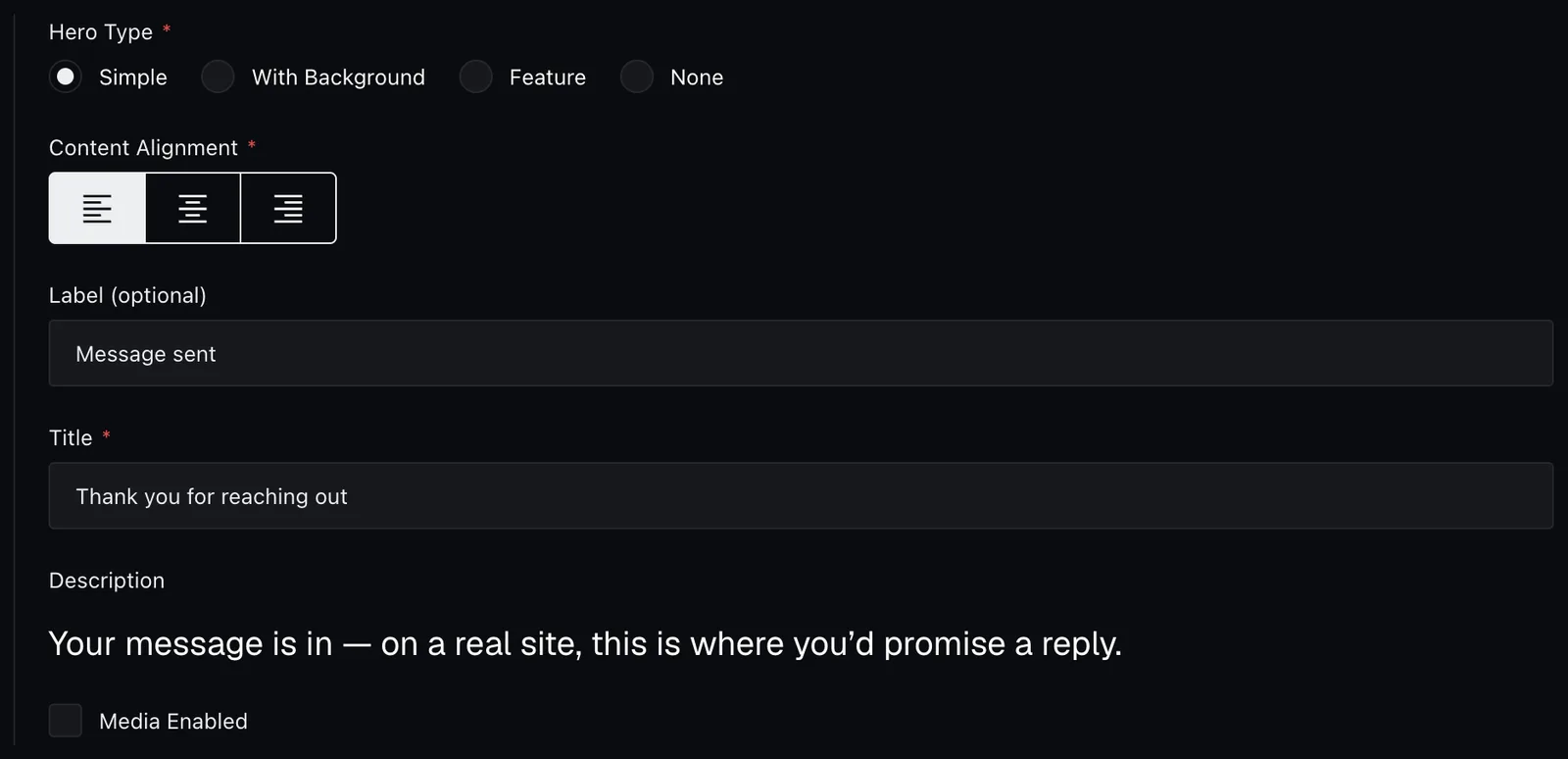 The Simple hero fields in the page editor