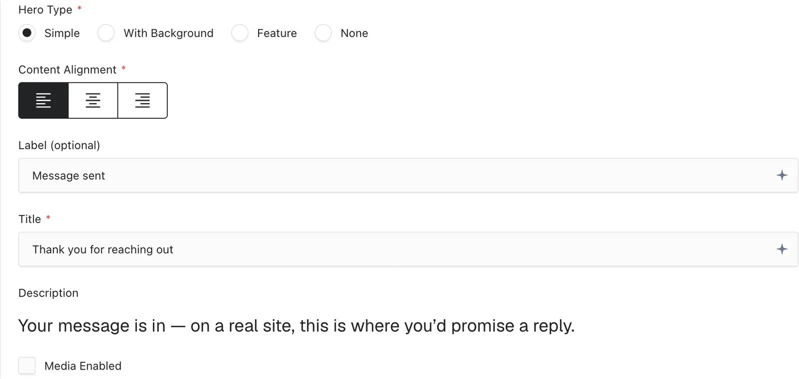 The Simple hero fields in the page editor
