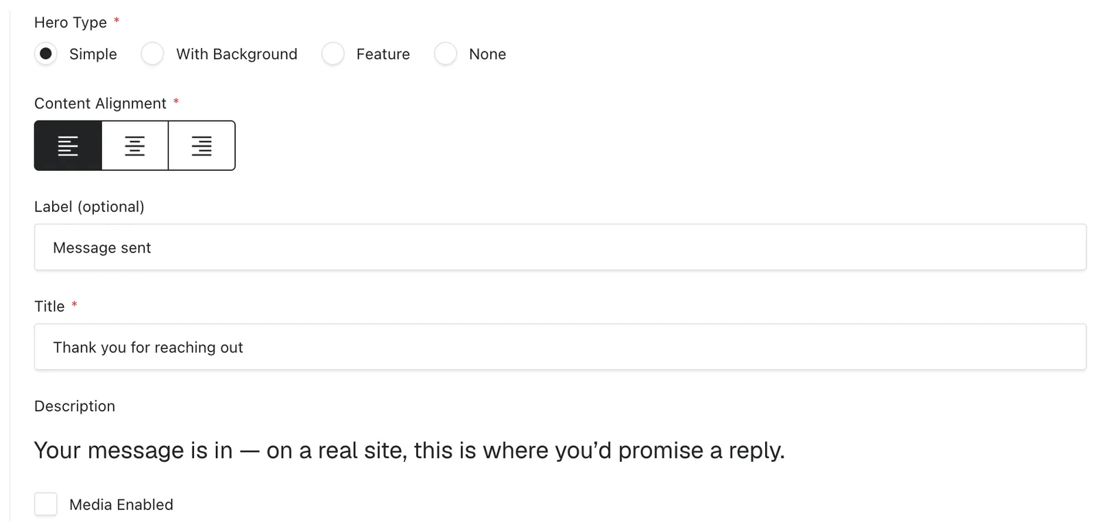 The Simple hero fields in the page editor