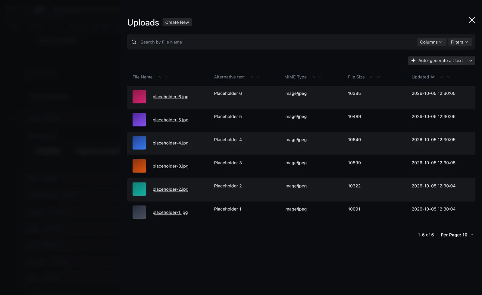 The Uploads chooser listing images that can be selected for a block
