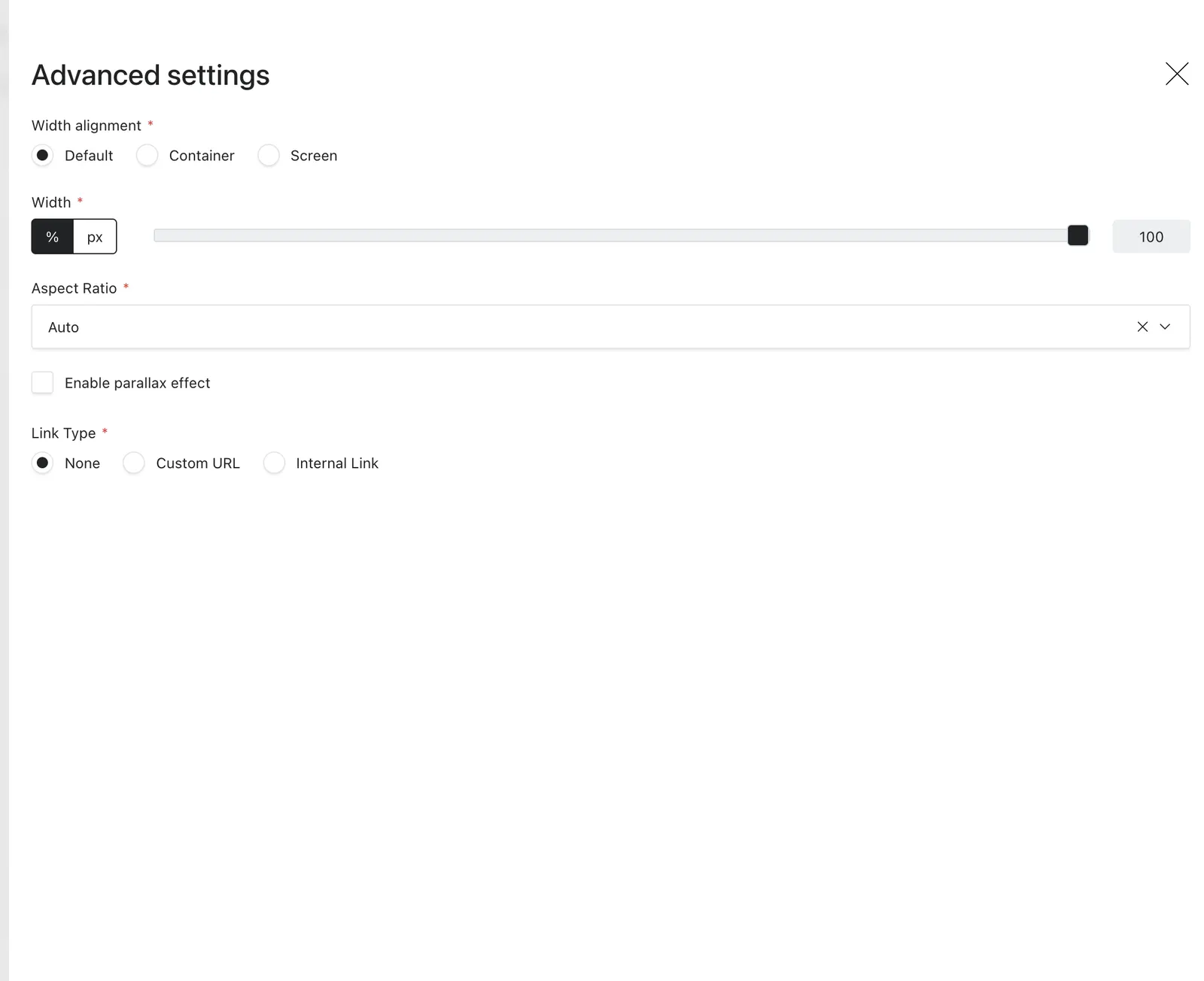 Image Advanced settings with width, aspect ratio, parallax, and link controls