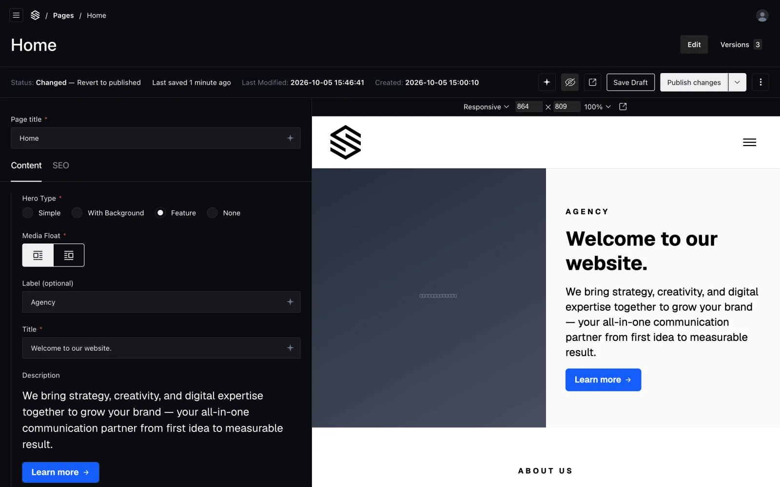 The homepage editor beside Live Preview, with screen size and Responsive controls