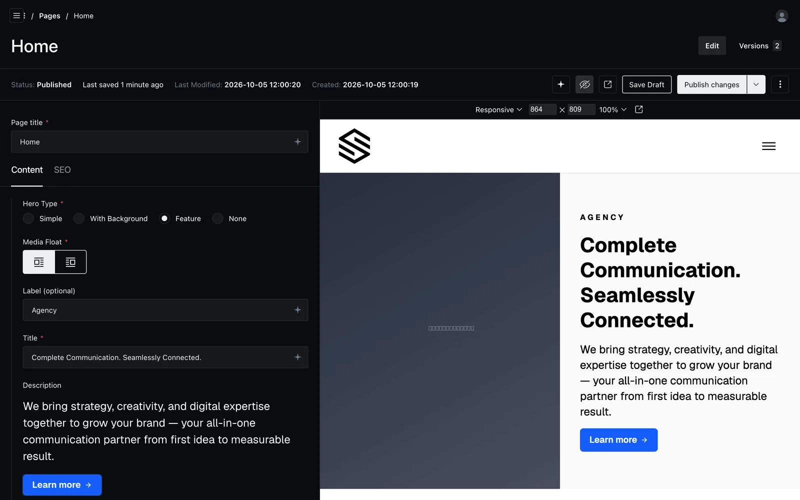 A page editor beside its live preview