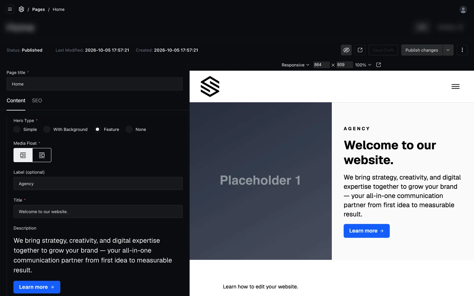 A page editor beside its live preview