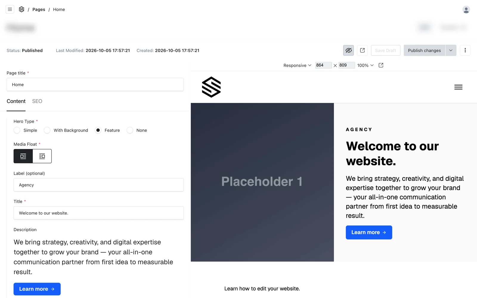 A page editor beside its live preview