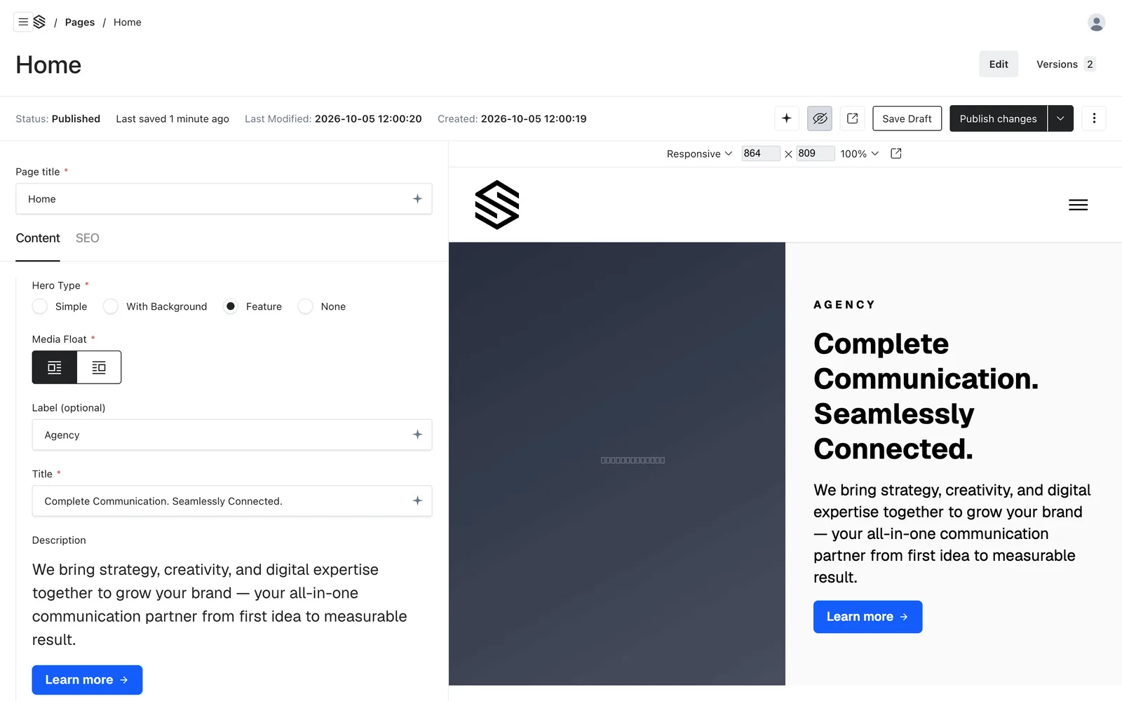 A page editor beside its live preview