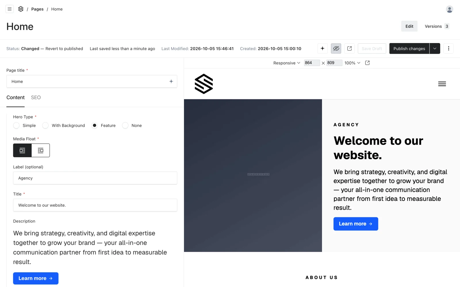 The homepage editor beside Live Preview, with screen size and Responsive controls