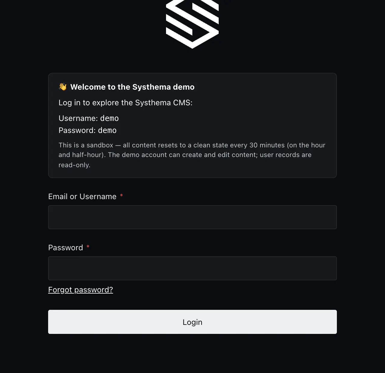 The Admin login form with Email or Username, Password, Login, and Forgot password