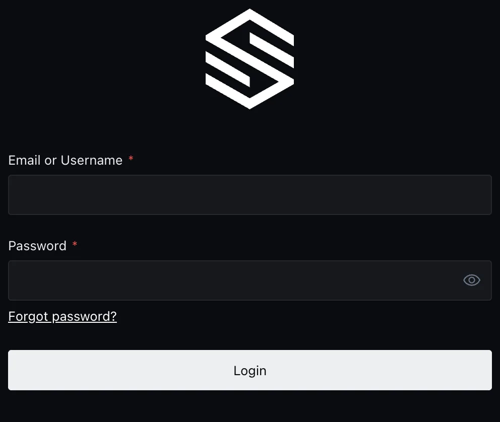 The Admin login form with Email or Username, Password, Login, and Forgot password