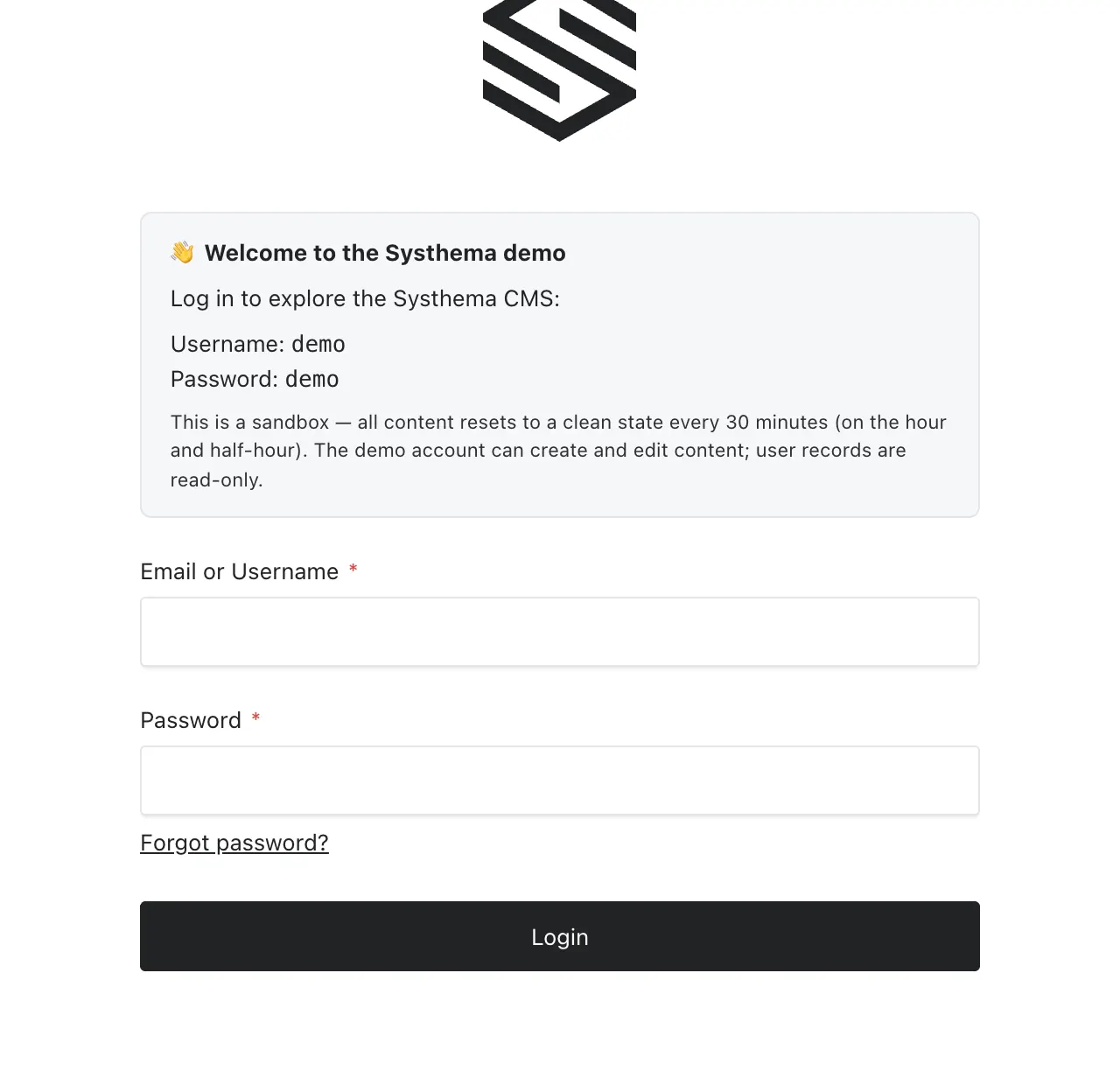 The Admin login form with Email or Username, Password, Login, and Forgot password