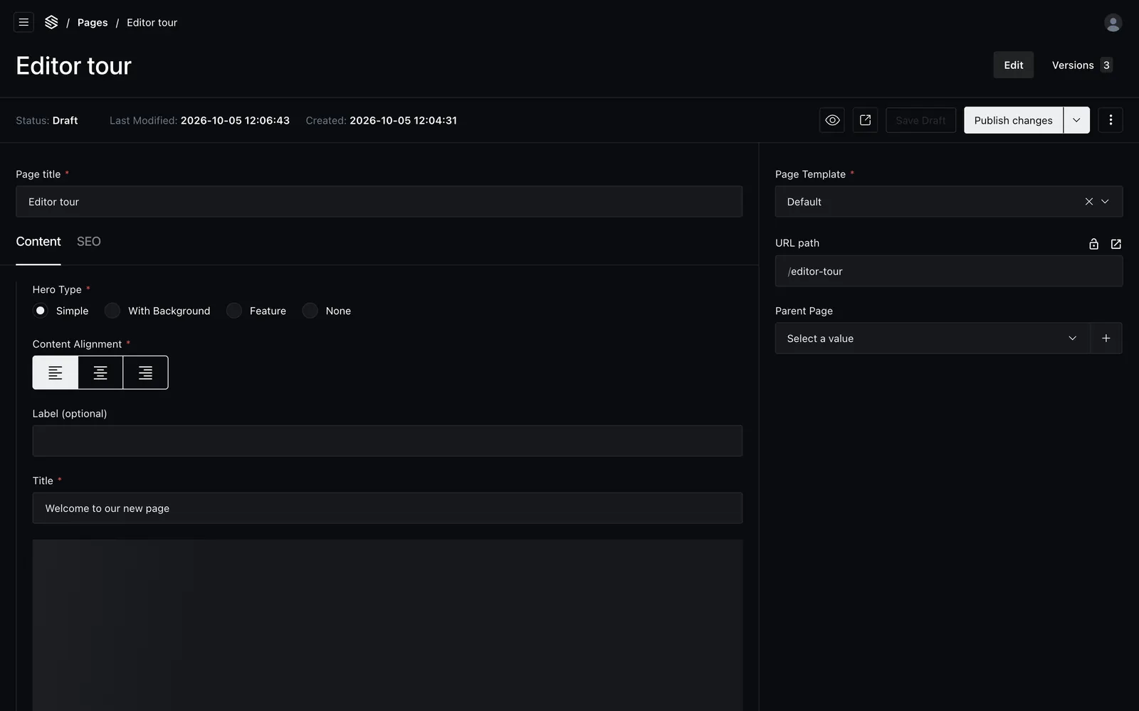 A new page with its Page title, Simple hero, hero Title, and Page Template