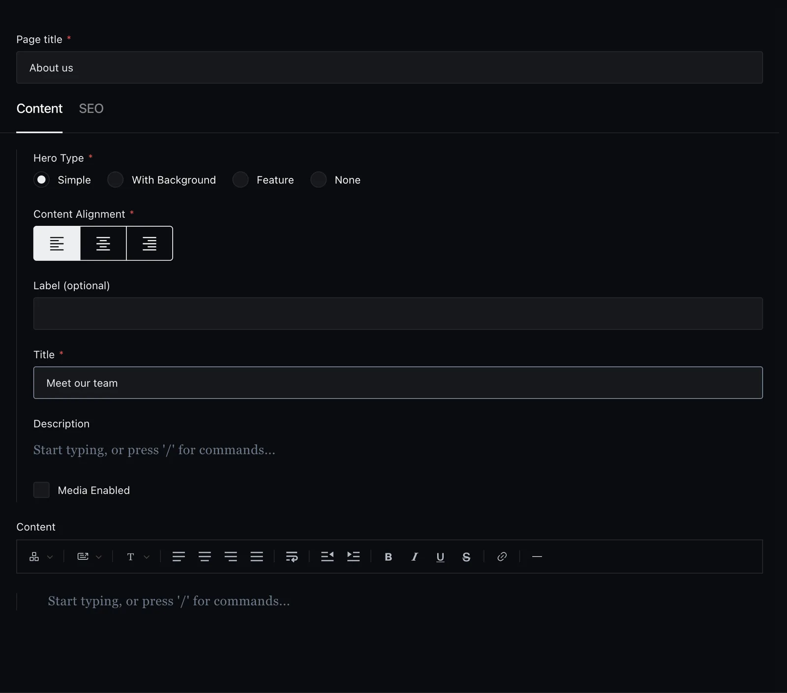 A new page with its Page title, Simple hero, hero Title, and Page Template