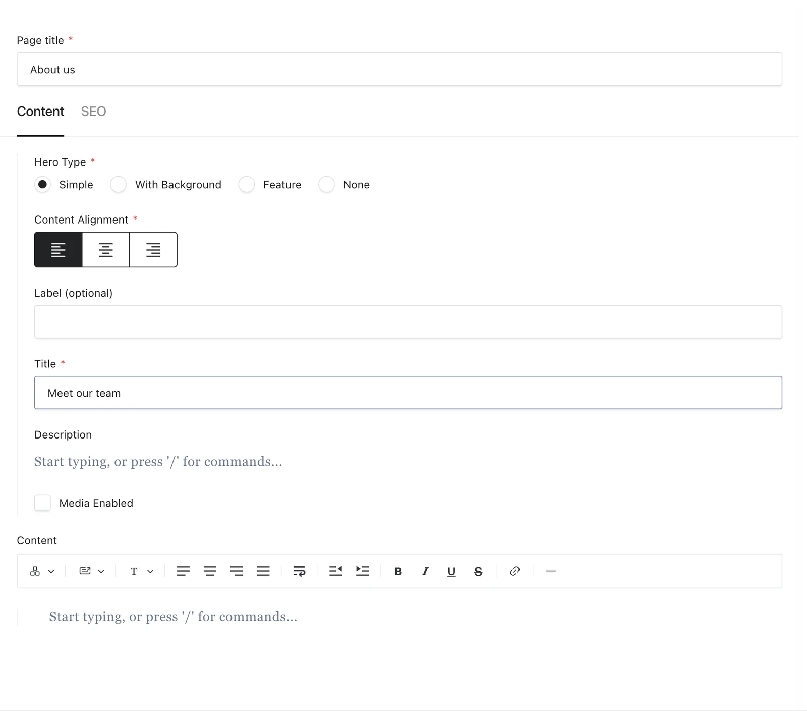A new page with its Page title, Simple hero, hero Title, and Page Template