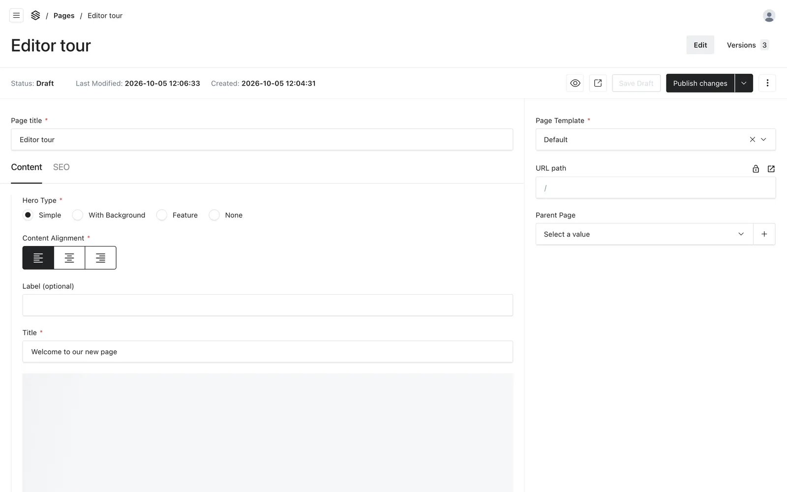 A new page with its Page title, Simple hero, hero Title, and Page Template