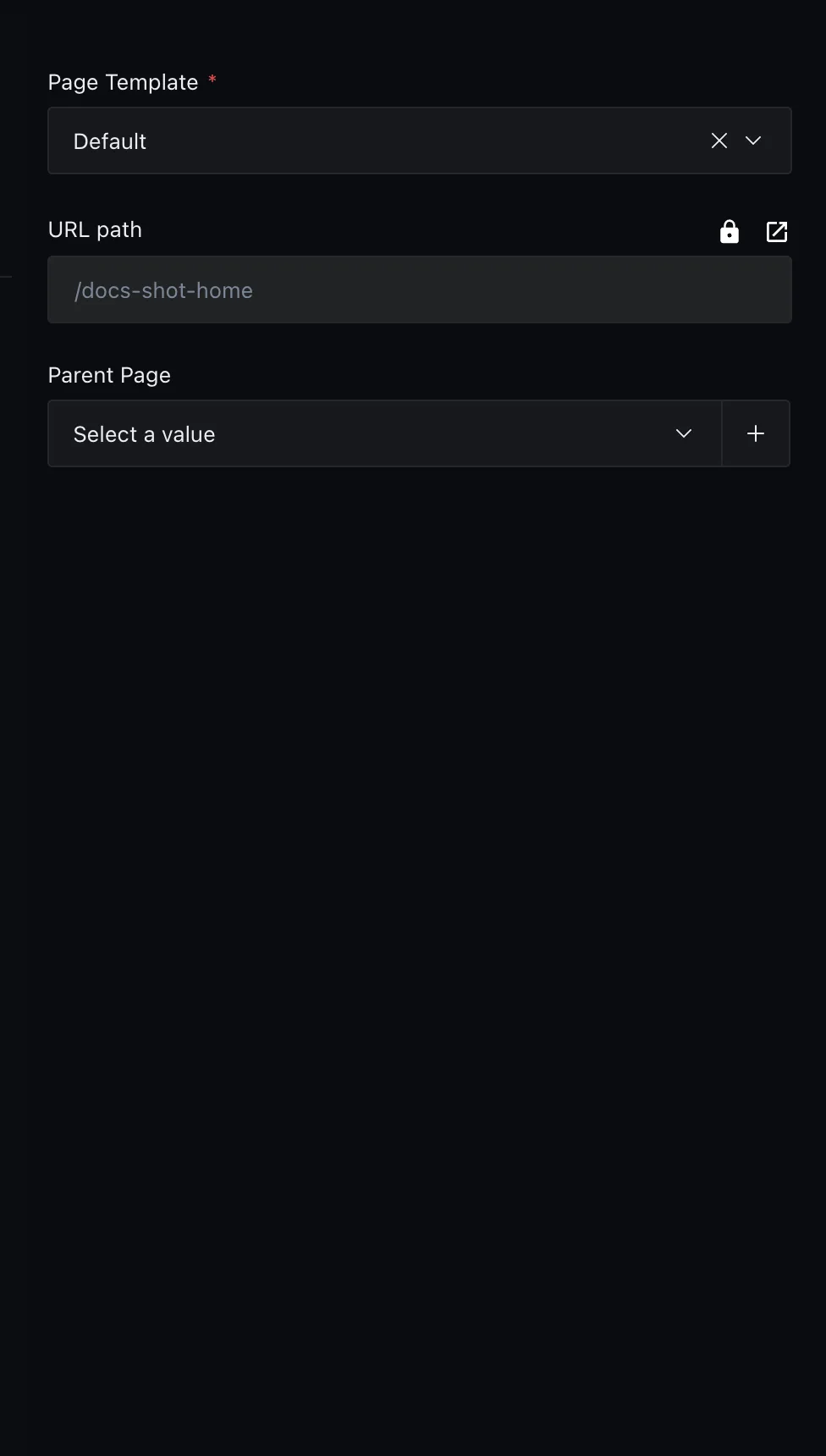 The page sidebar with Page Template, URL path, and Parent Page