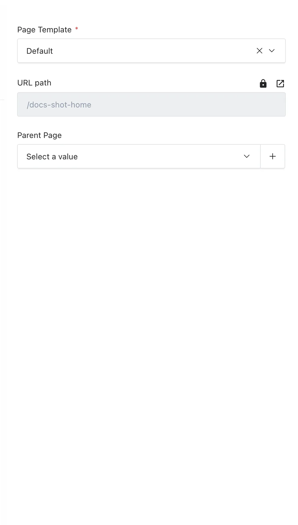 The page sidebar with Page Template, URL path, and Parent Page