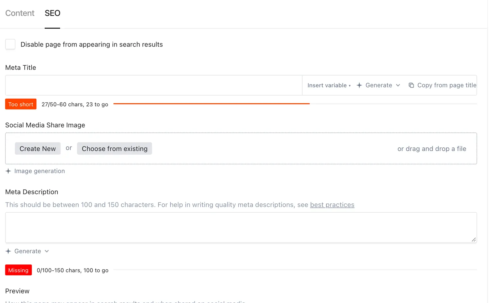 The page SEO tab with search visibility, Meta Title, Social Media Share Image and Meta Description