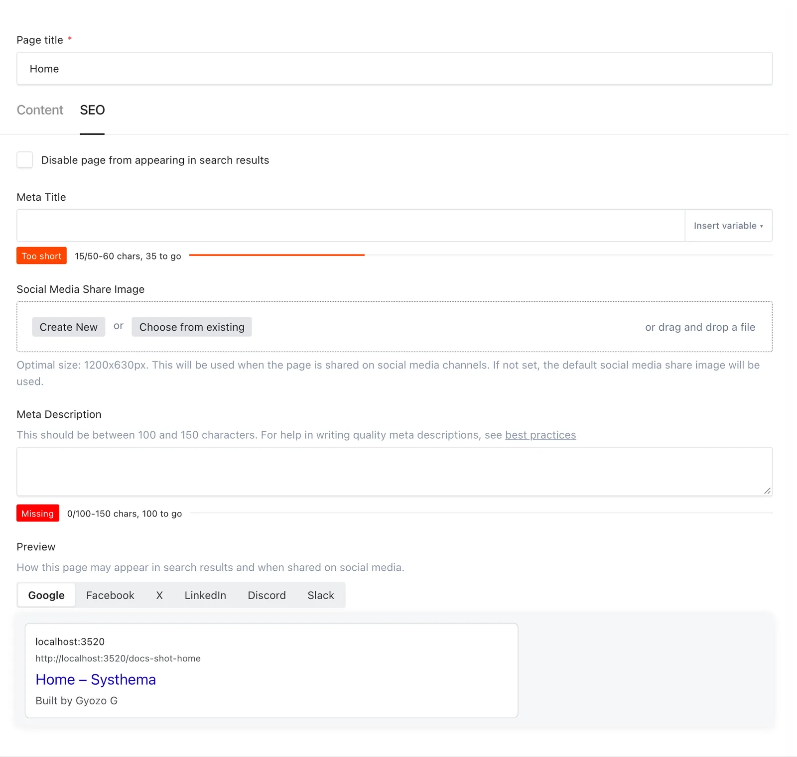 The page SEO tab with search visibility, Meta Title, Social Media Share Image and Meta Description