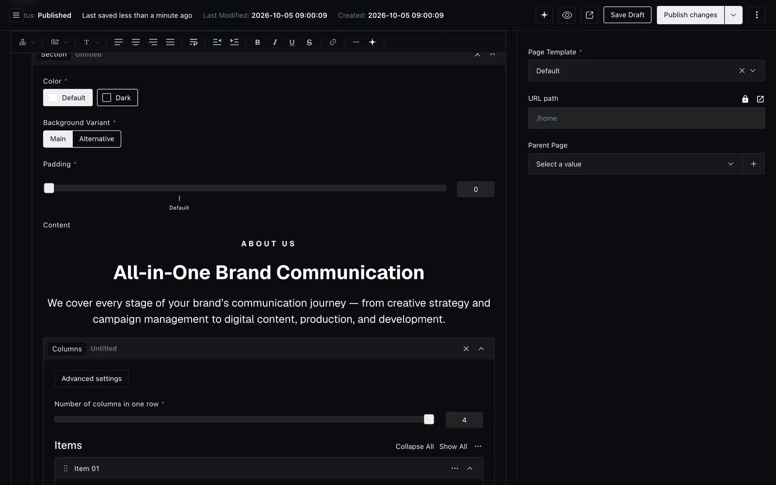 The default page template's hero and content fields