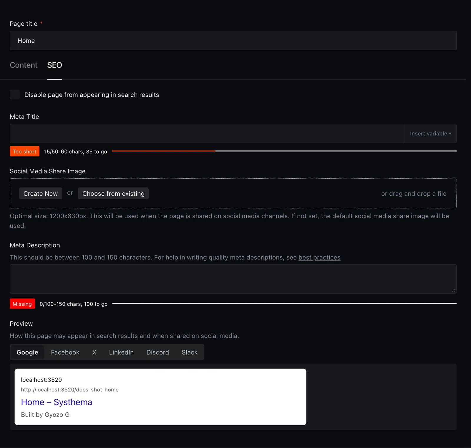 The default page template's hero and content fields