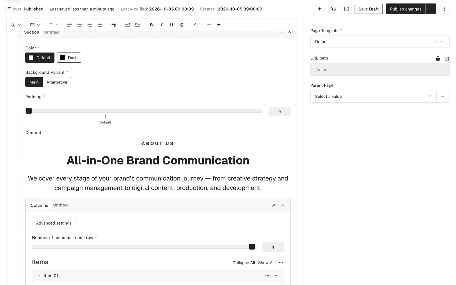 The default page template's hero and content fields