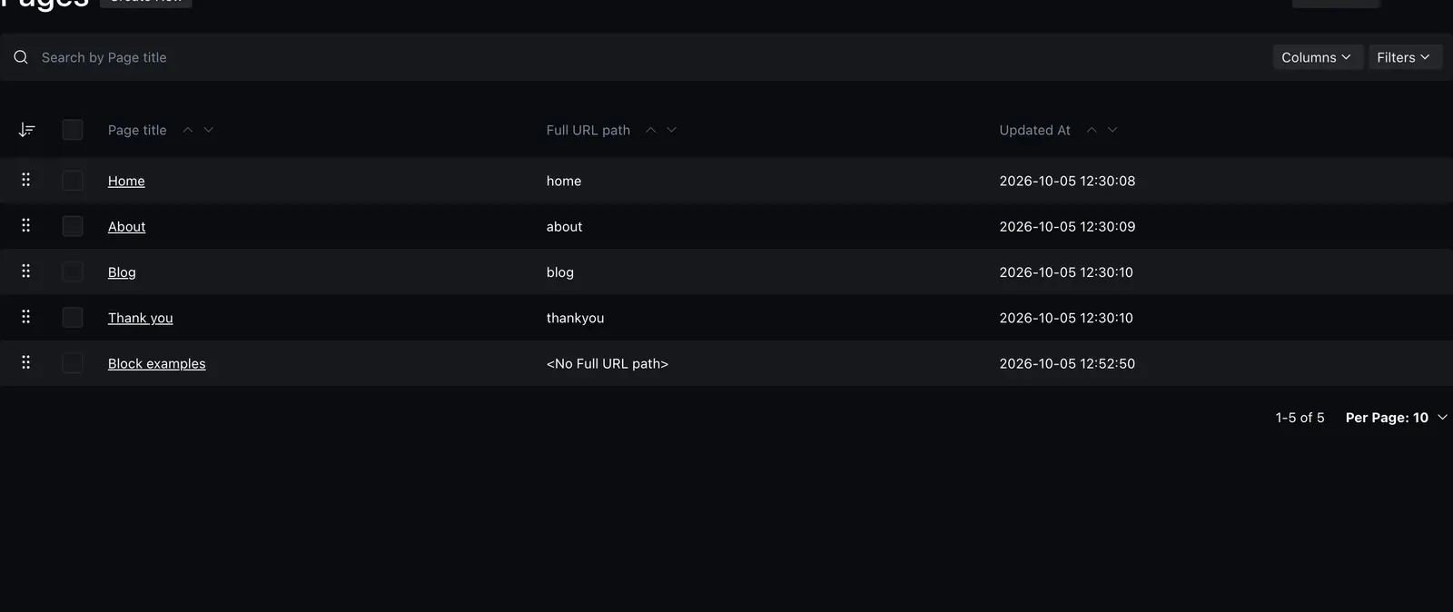 The page list with the Home page and other website pages