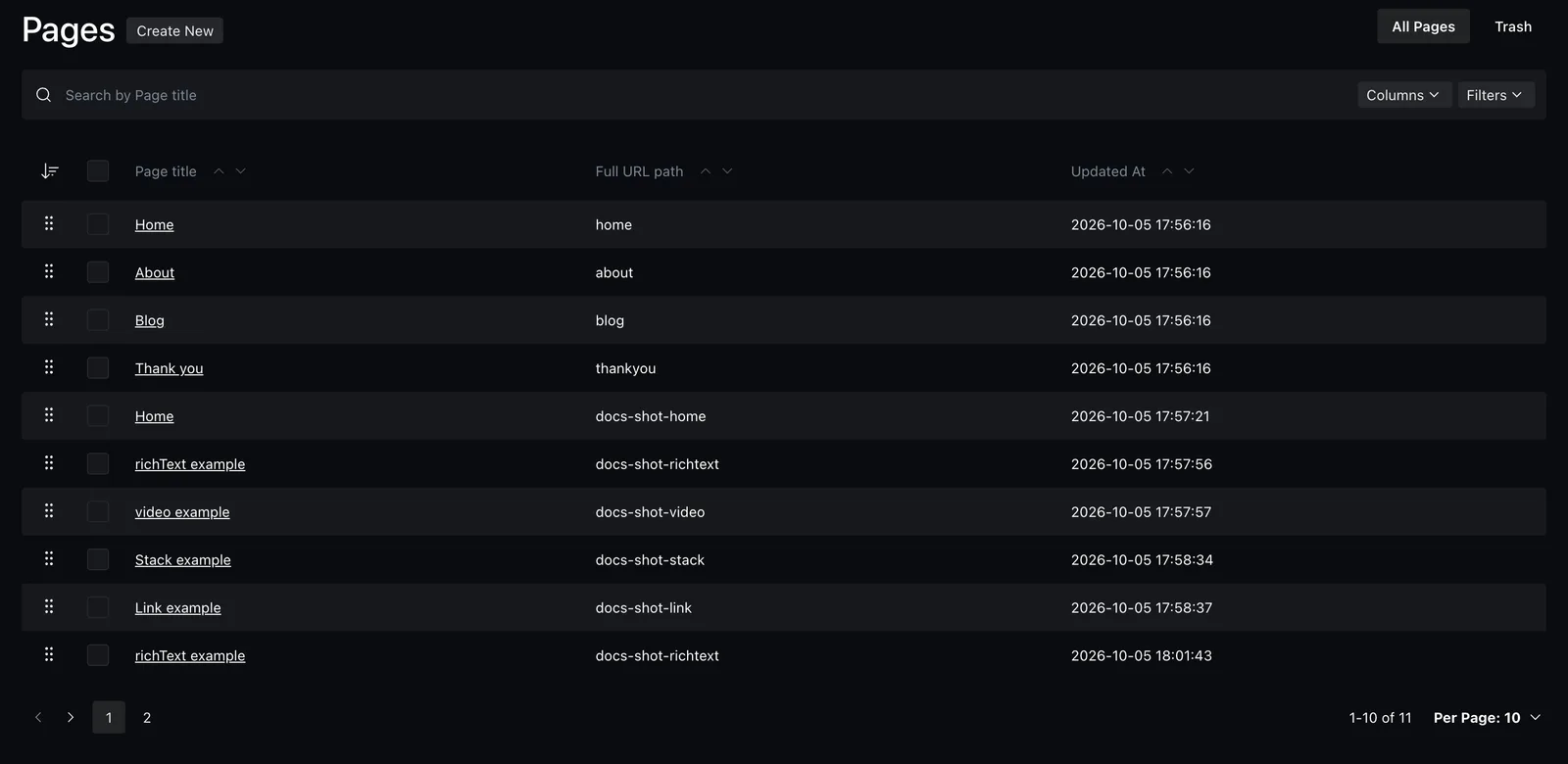The Pages collection with titles and URL paths